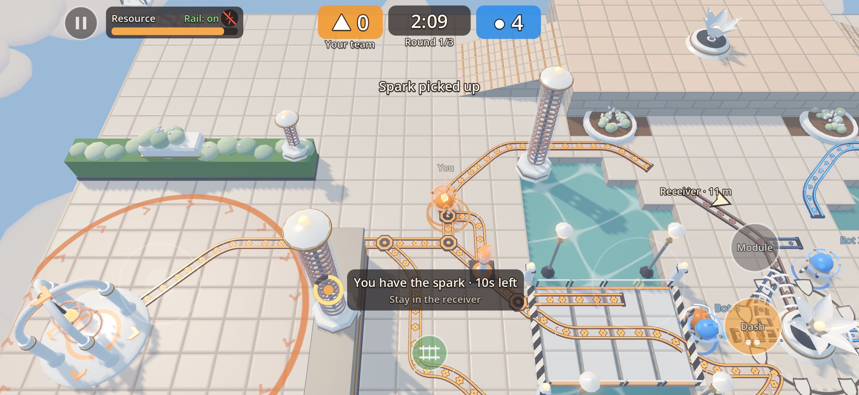 In-game screenshot: the player’s courier has picked up a spark; the hint says “You have the spark · 10s left — Stay in the receiver”, the receiver is 11 m away.