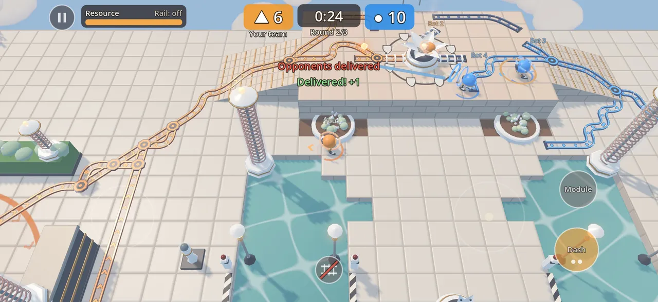 In-game screenshot on Coil Garden, round 2 of 3: amber and azure rails reach the receiver on a raised terrace; messages “Opponents delivered” and “Delivered! +1”; score 6 to 10.