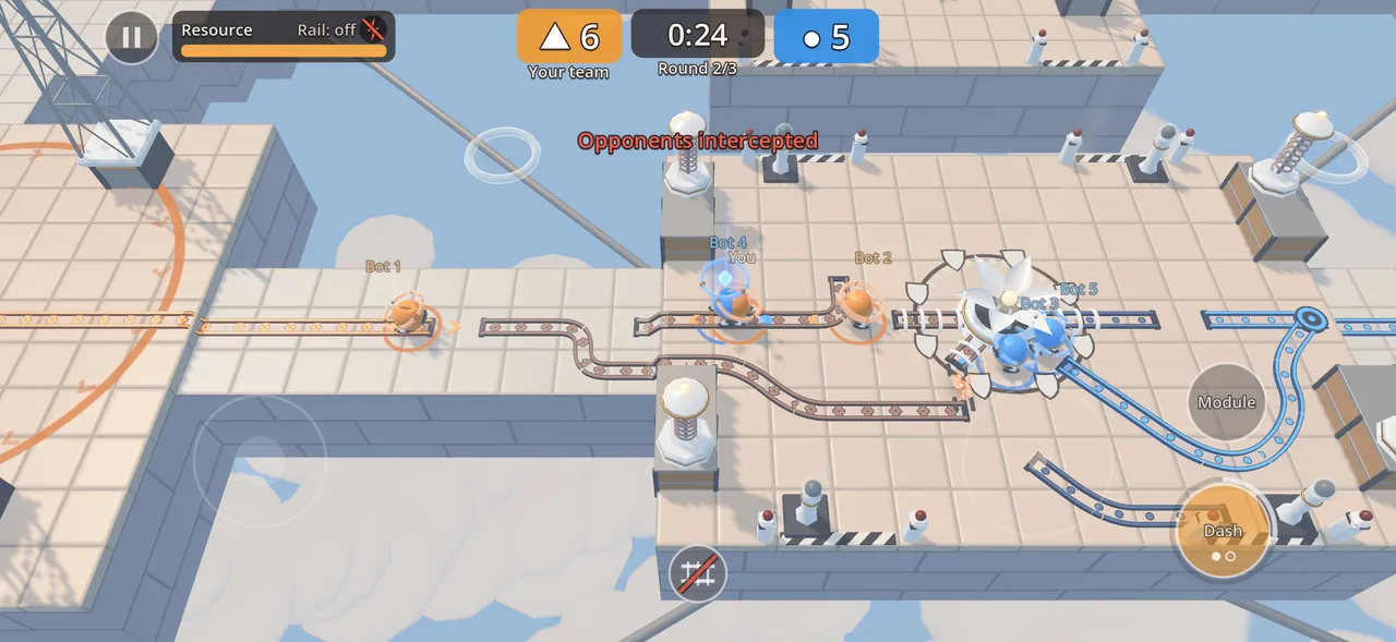 In-game screenshot on Cloud Wharf, round 2 of 3: two dark branches of amber rail lead towards the receiver, which is surrounded by a ring of shields; a glowing azure rail on the right; message “Opponents intercepted”.