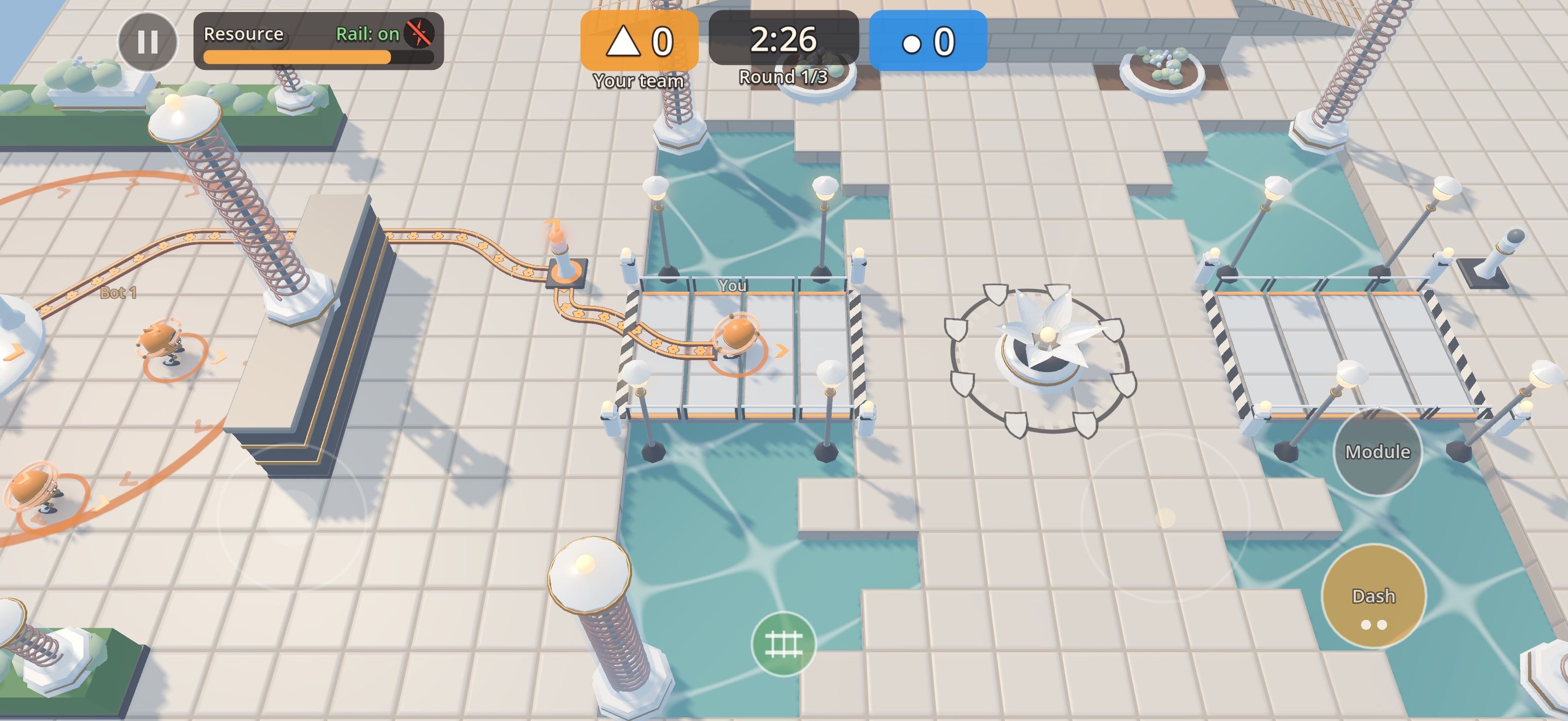 Coil Garden: the player’s courier lays an amber rail onto a bridge over a pond; the receiver stands on an island to the right.