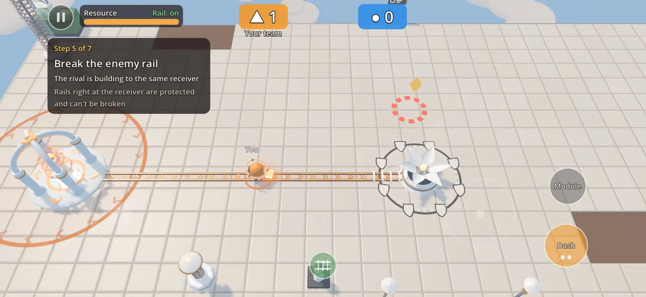 In-game screenshot of the tutorial, step 5 of 7, “Break the enemy rail”: a rail runs to a receiver surrounded by a ring of shields; the card says “Rails right at the receiver are protected and can’t be broken”.