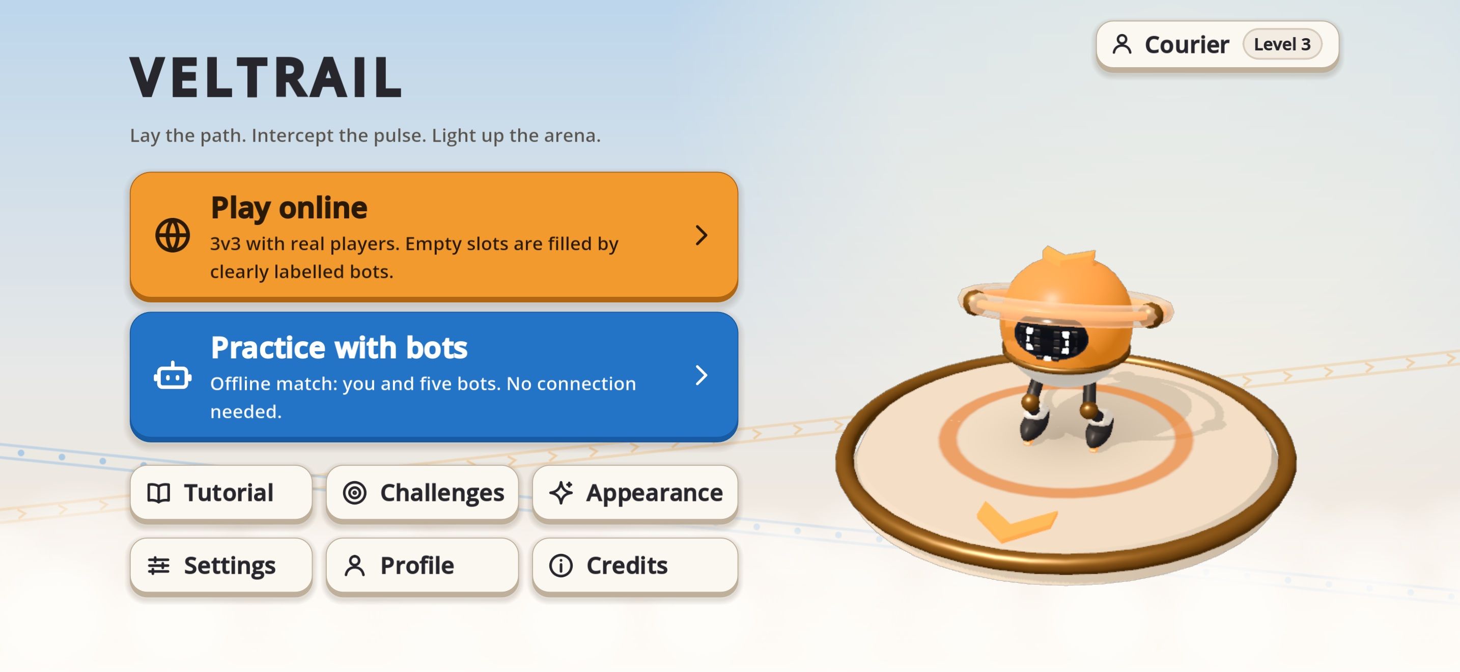 The VELTRAIL main menu: Play online, Practice with bots, Tutorial, Challenges, Appearance, Settings, Profile, Credits, and the orange courier on a pedestal.