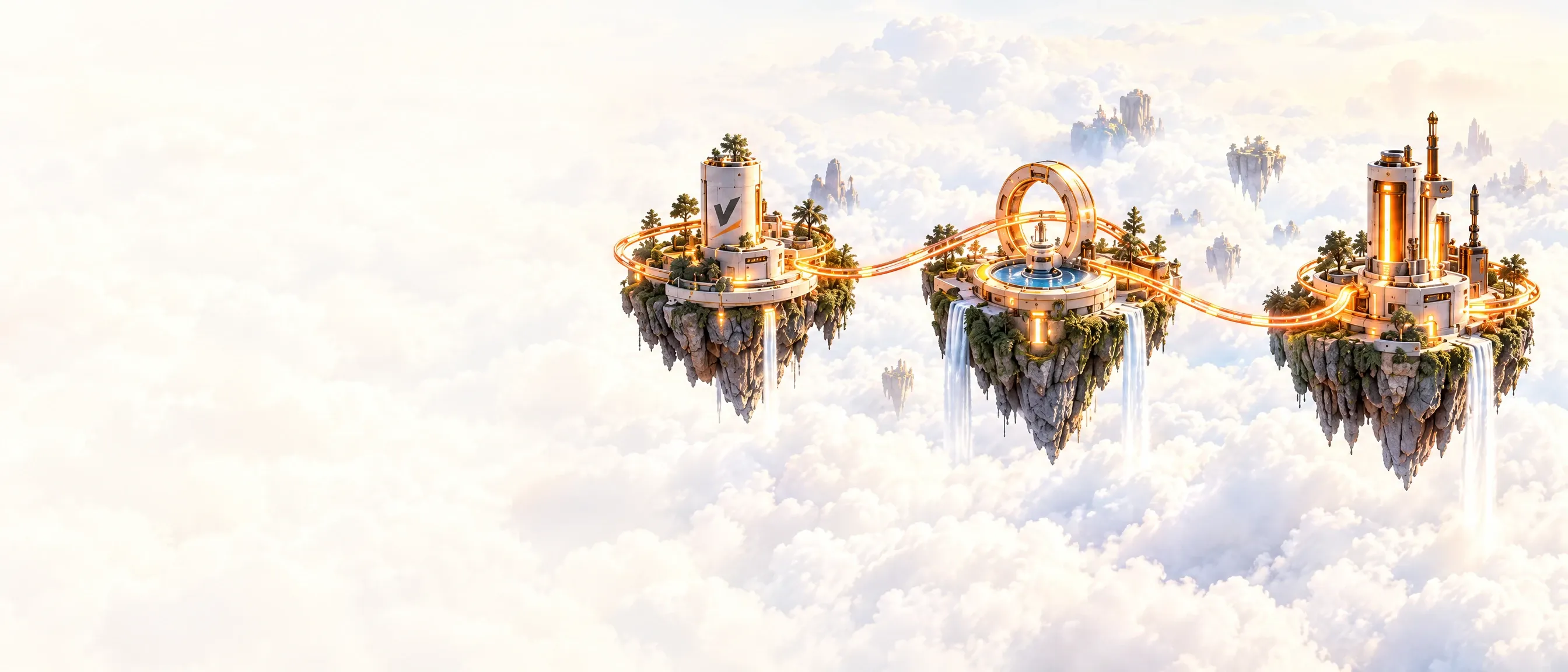 Concept art: three floating islands joined by one glowing rail.