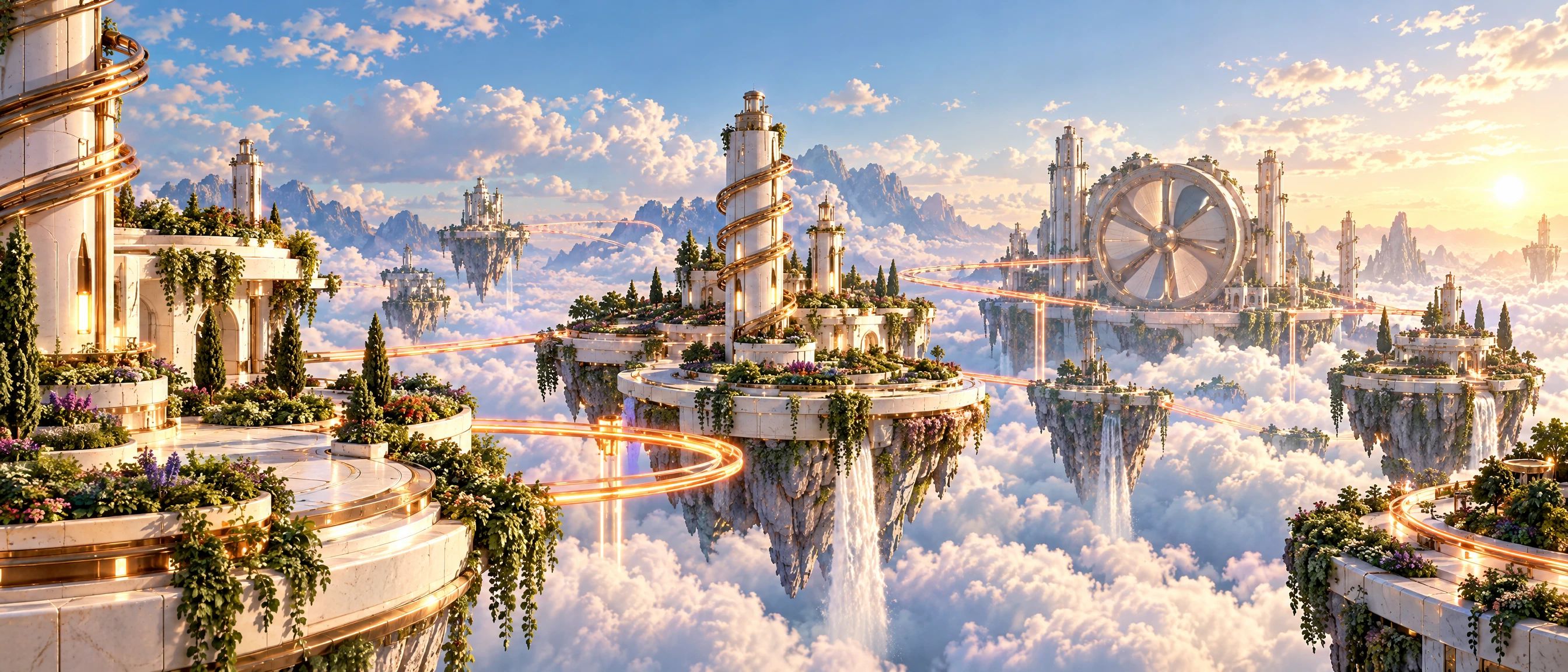 Concept art: white terraced islands with coil towers, gardens and waterfalls above the clouds, linked by glowing rails.