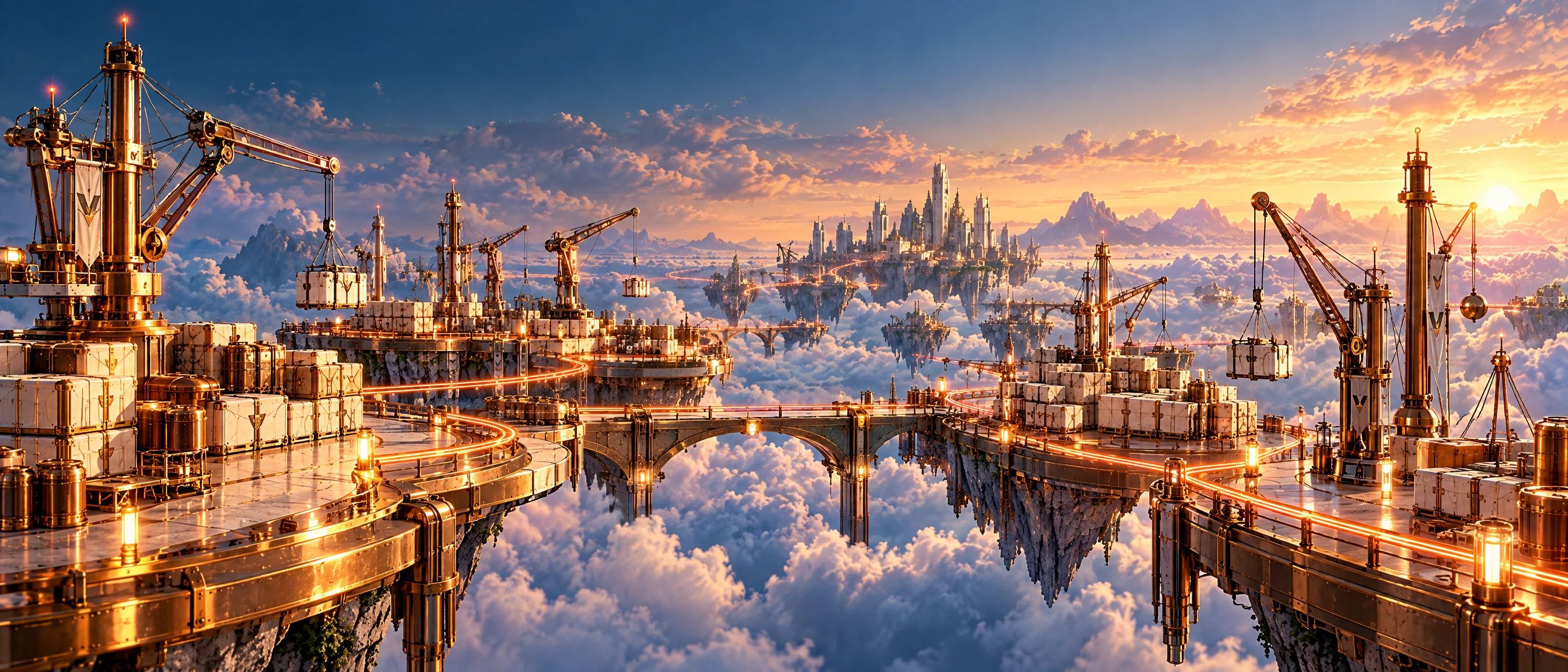 Concept art: copper docks with cranes and cargo on floating platforms at sunset, joined by bridges and rails.