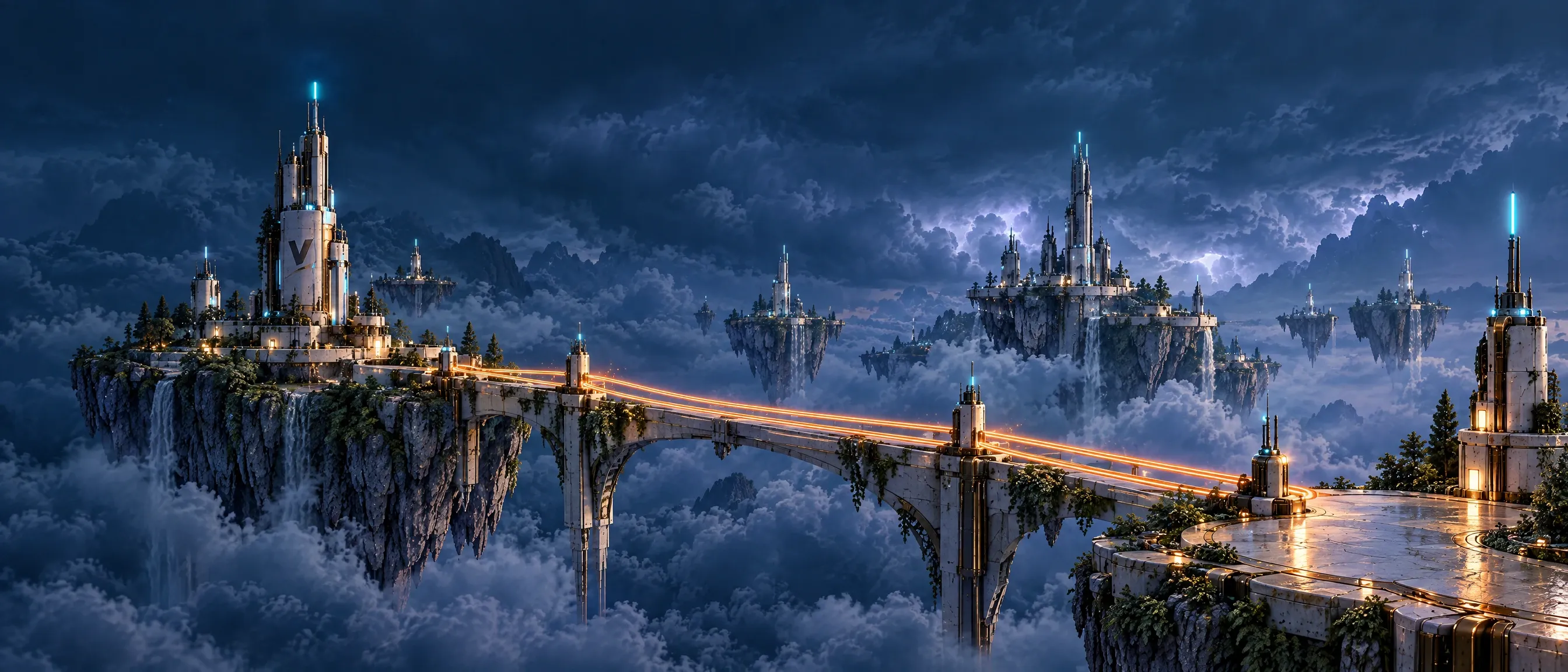 Concept art: dark storm clouds over floating towers with cyan beacons; a glowing rail crosses a long stone bridge.
