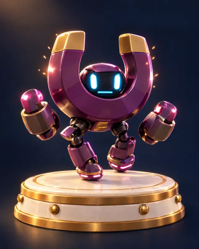 Concept art of Magnet: a plum U-shaped magnet head with a small screen face and cyan eyes, chunky fists, on an ivory pedestal.
