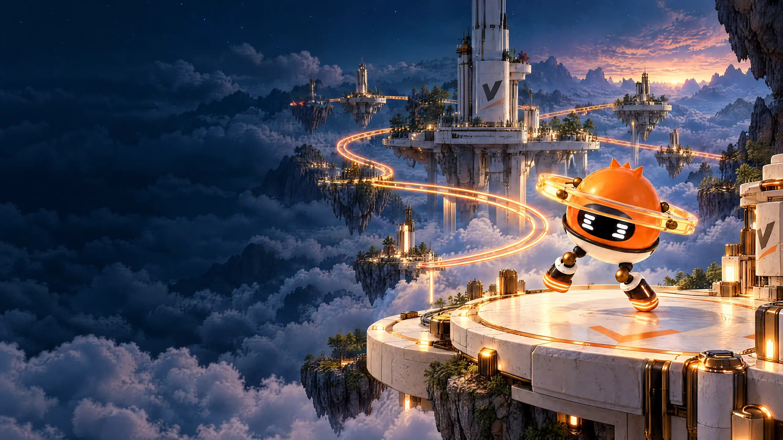 Concept art: a small orange courier robot on a ceramic platform at dawn; a glowing energy rail winds between floating islands towards a tall tower.