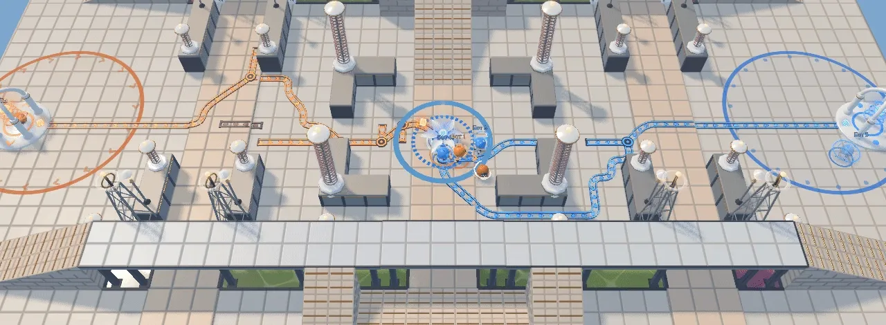 Weaving Yard from above: a long raised deck crosses the lanes in front; amber rails come from the left base and azure rails from the right, meeting at the receiver in the middle.