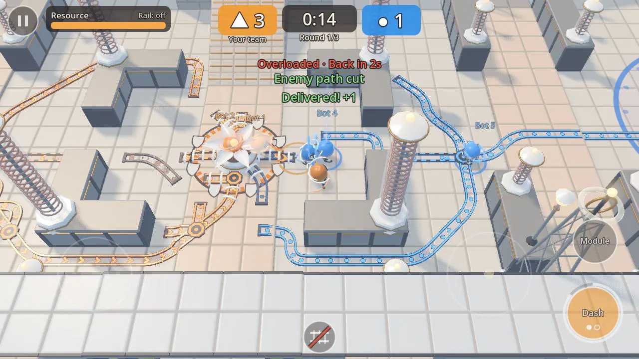 Weaving Yard: grey walls and ramps split the tiled floor; amber and azure rails close in on the receiver; messages “Enemy path cut” and “Delivered! +1”.